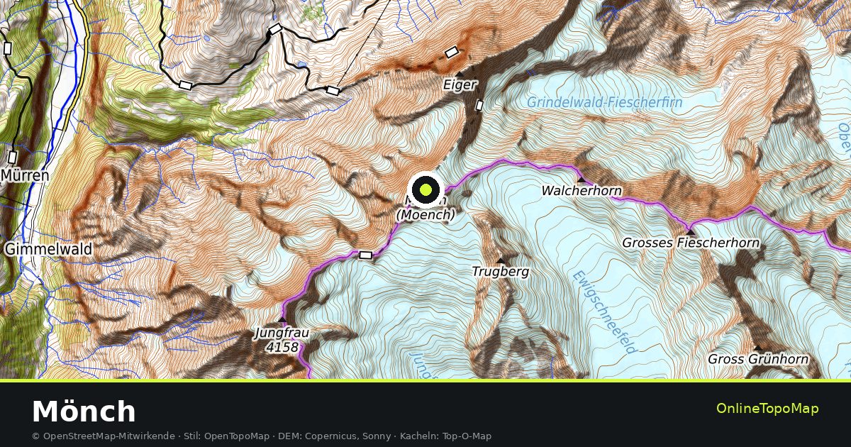 Topographische Karte von Mönch mit Höhenlinien und Geländeschattierung