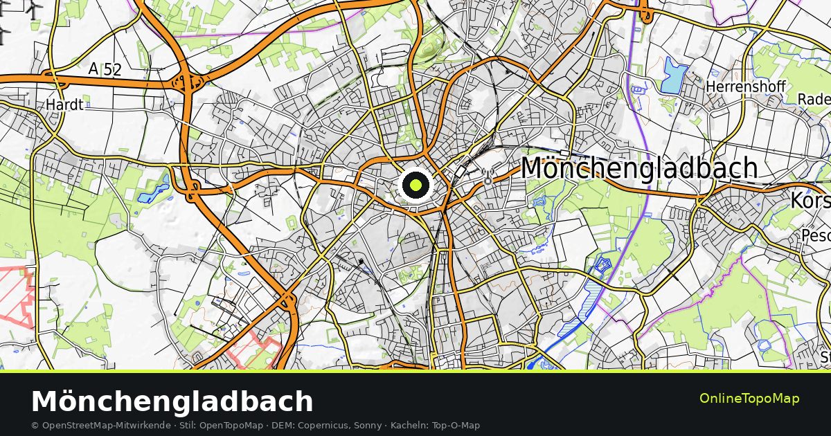 Topographische Karte von Mönchengladbach mit Höhenlinien und Geländeschattierung