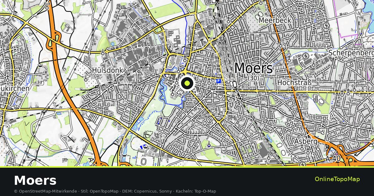 Topographische Karte von Moers mit Höhenlinien und Geländeschattierung