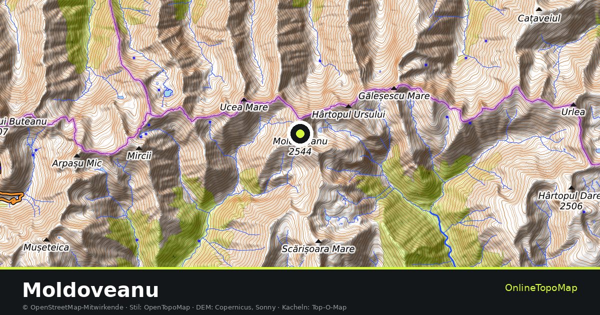 Topographische Karte von Moldoveanu mit Höhenlinien und Geländeschattierung