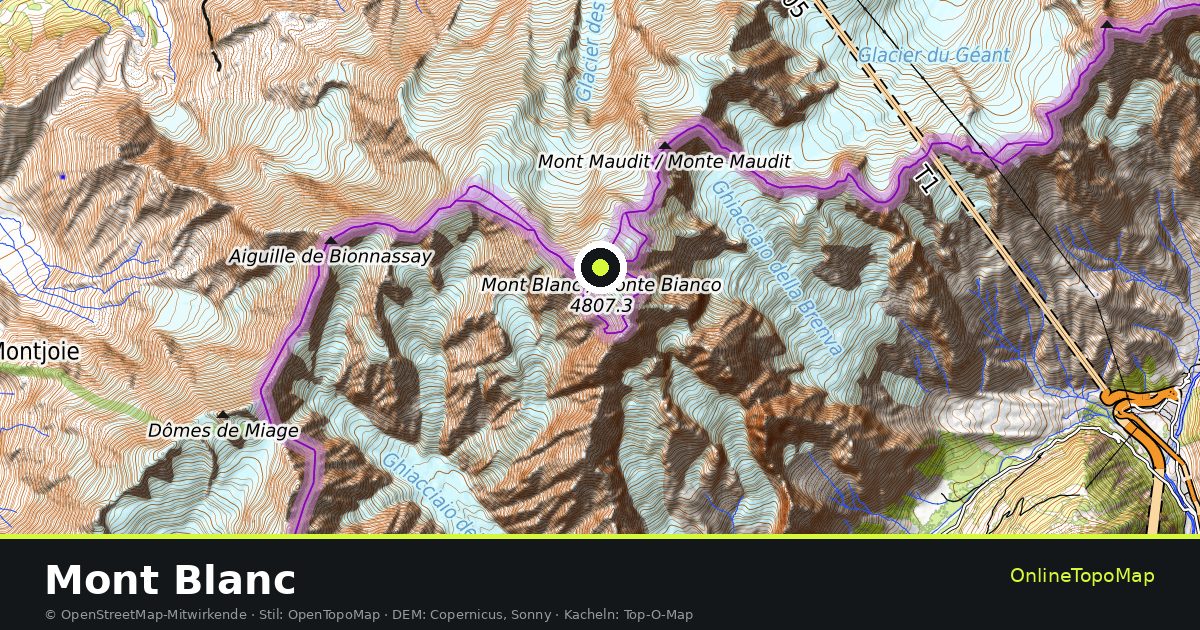 Topographische Karte von Mont Blanc mit Höhenlinien und Geländeschattierung