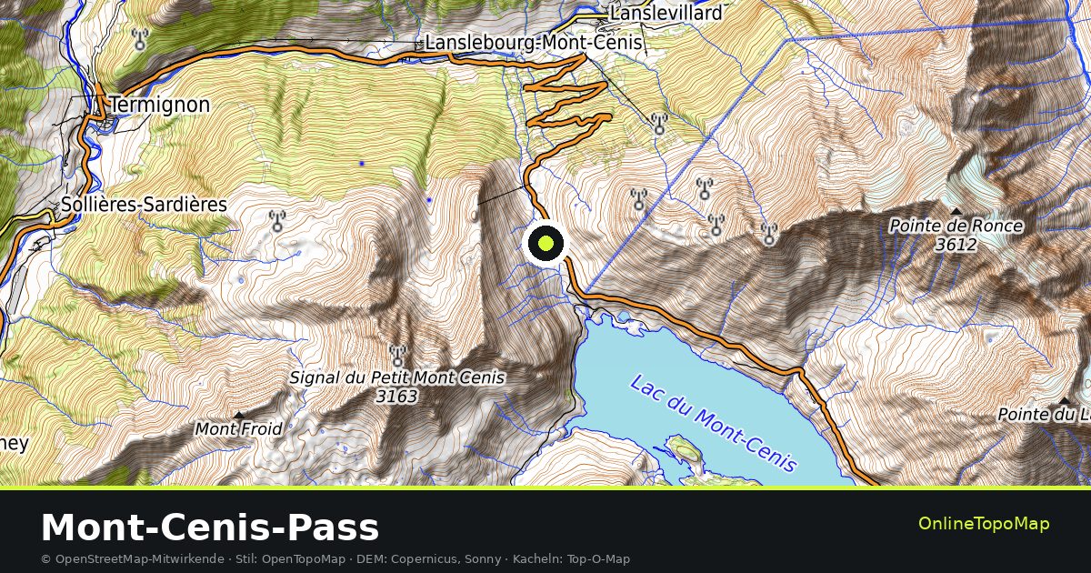 Topographische Karte von Mont-Cenis-Pass mit Höhenlinien und Geländeschattierung