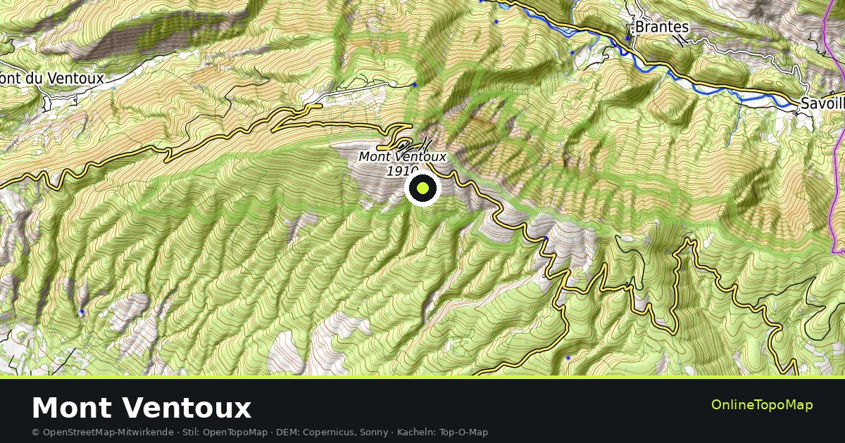 Topographische Karte von Mont Ventoux mit Höhenlinien und Geländeschattierung