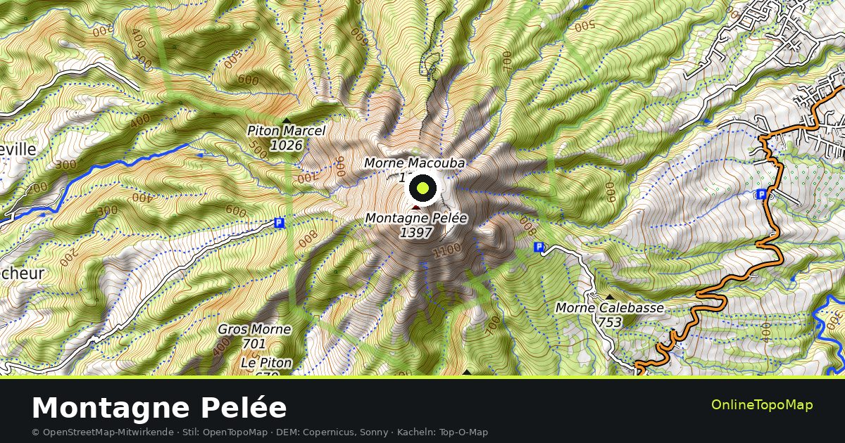 Topographische Karte von Montagne Pelée mit Höhenlinien und Geländeschattierung