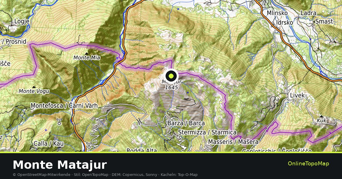 Topographische Karte von Monte Matajur mit Höhenlinien und Geländeschattierung