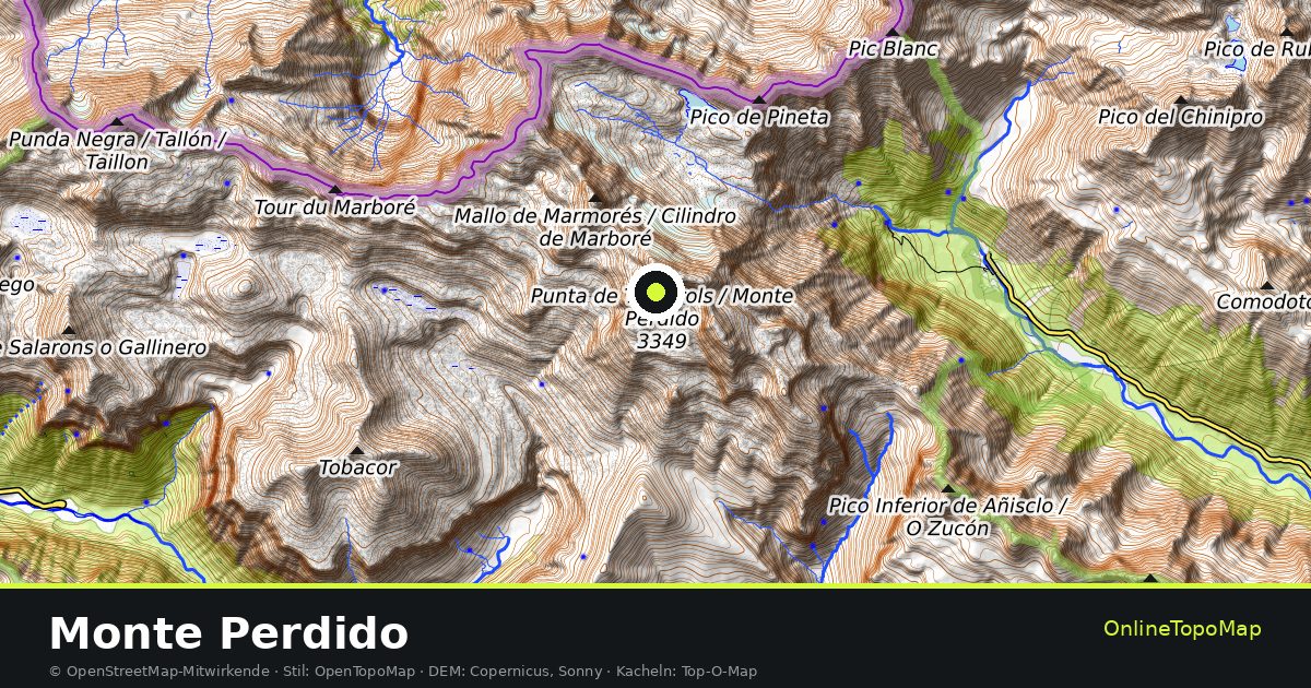 Topographische Karte von Monte Perdido mit Höhenlinien und Geländeschattierung