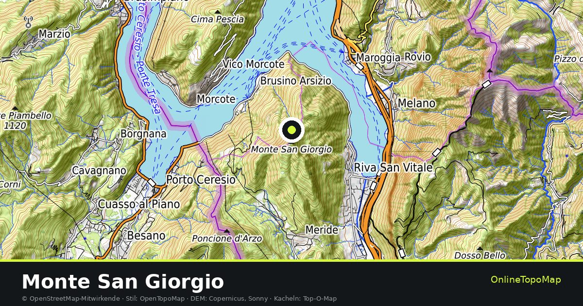 Topographische Karte von Monte San Giorgio mit Höhenlinien und Geländeschattierung