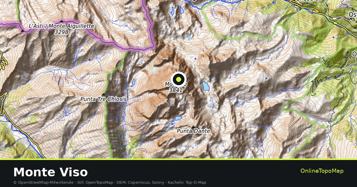 Topographische Karte von Monte Viso mit Höhenlinien und Geländeschattierung