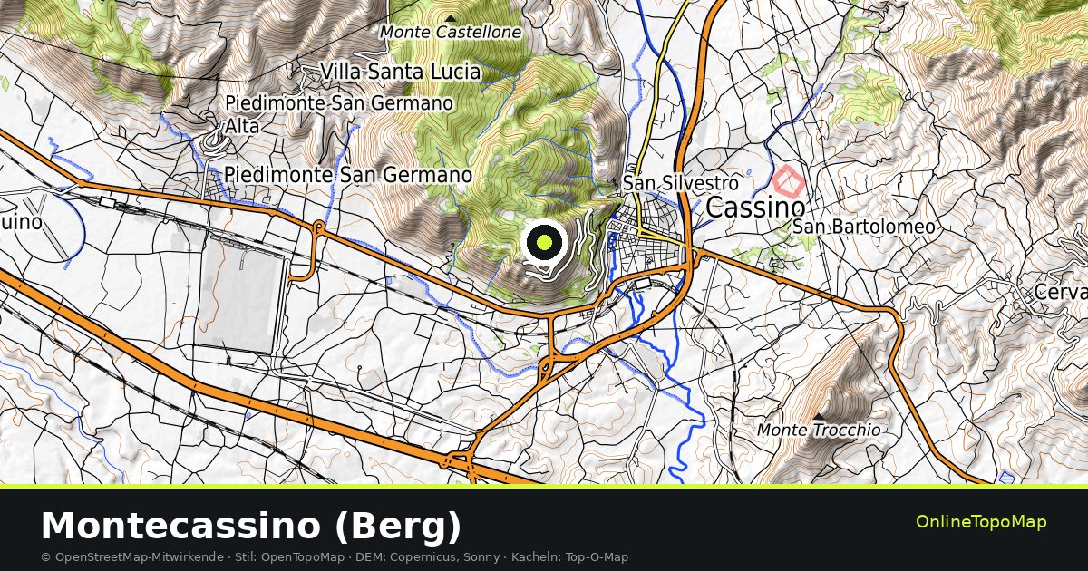 Topographische Karte von Montecassino (Berg) mit Höhenlinien und Geländeschattierung