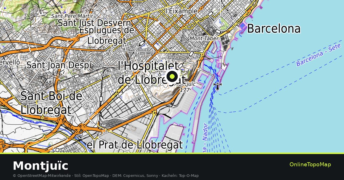 Topographische Karte von Montjuïc mit Höhenlinien und Geländeschattierung