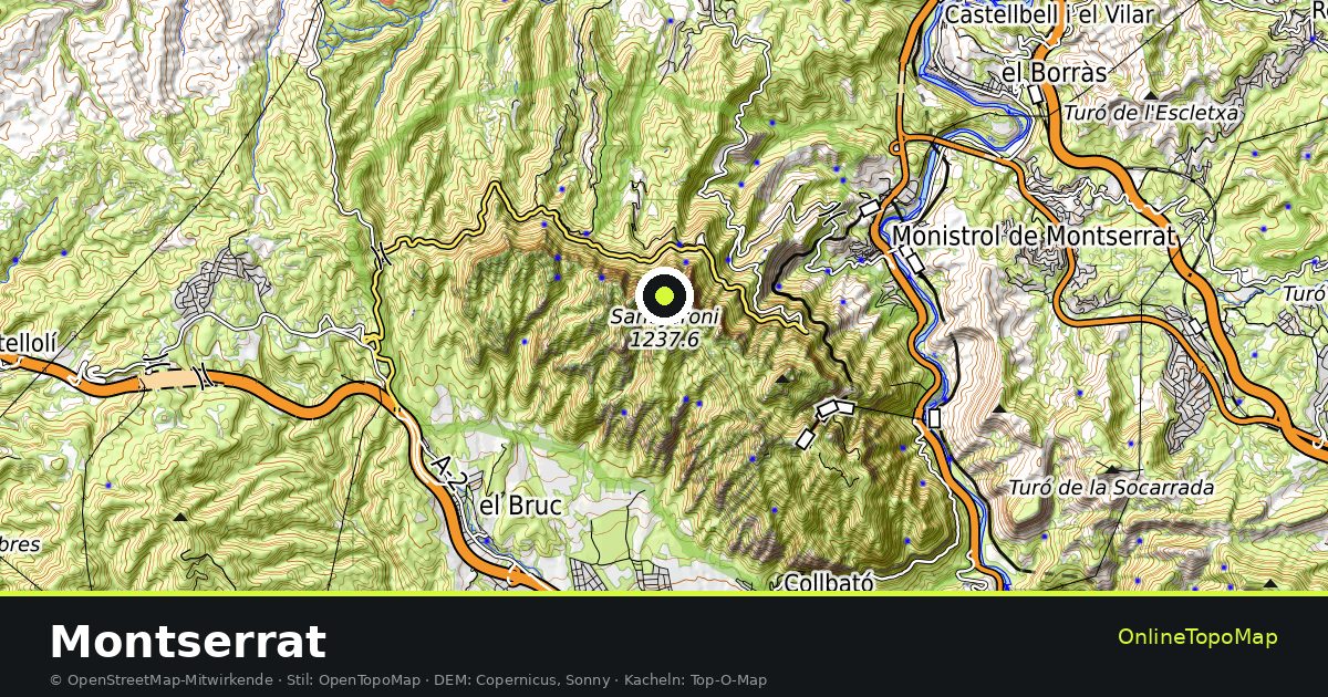 Topographische Karte von Montserrat mit Höhenlinien und Geländeschattierung