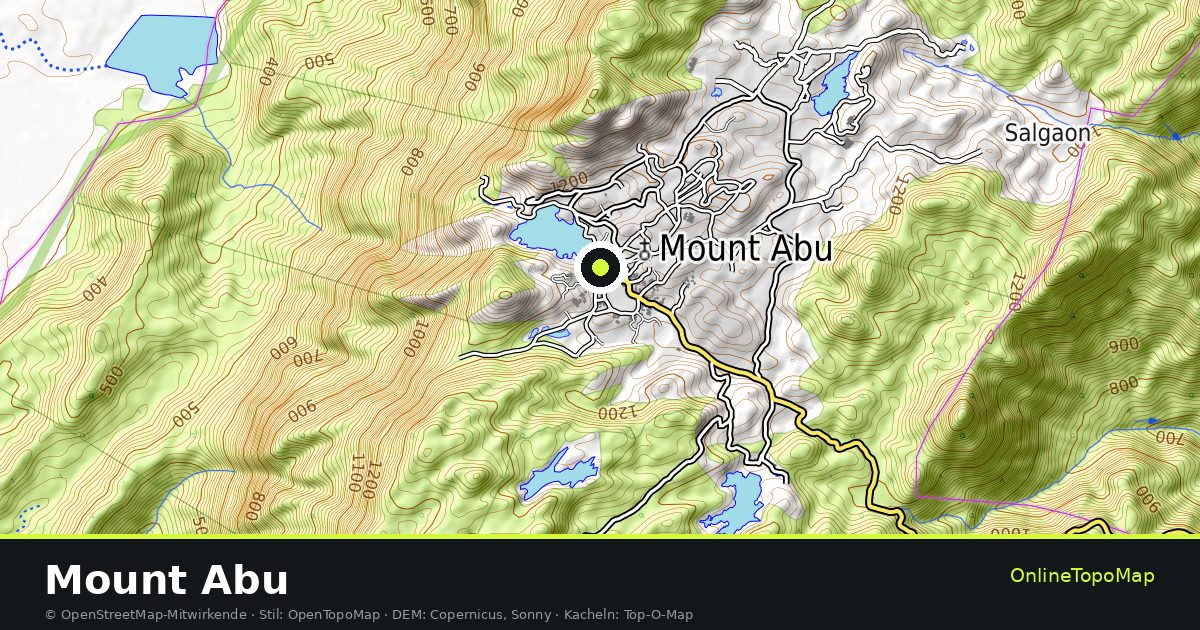 Topographische Karte von Mount Abu mit Höhenlinien und Geländeschattierung