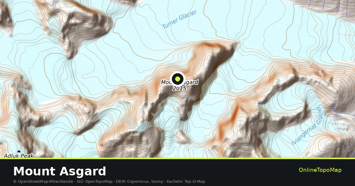 Topographische Karte von Mount Asgard mit Höhenlinien und Geländeschattierung
