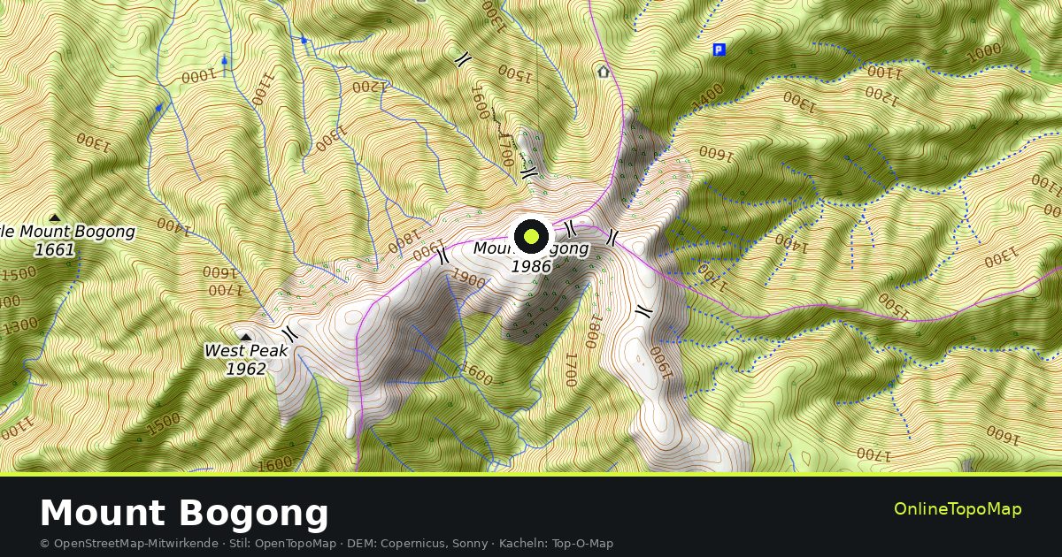 Topographische Karte von Mount Bogong mit Höhenlinien und Geländeschattierung