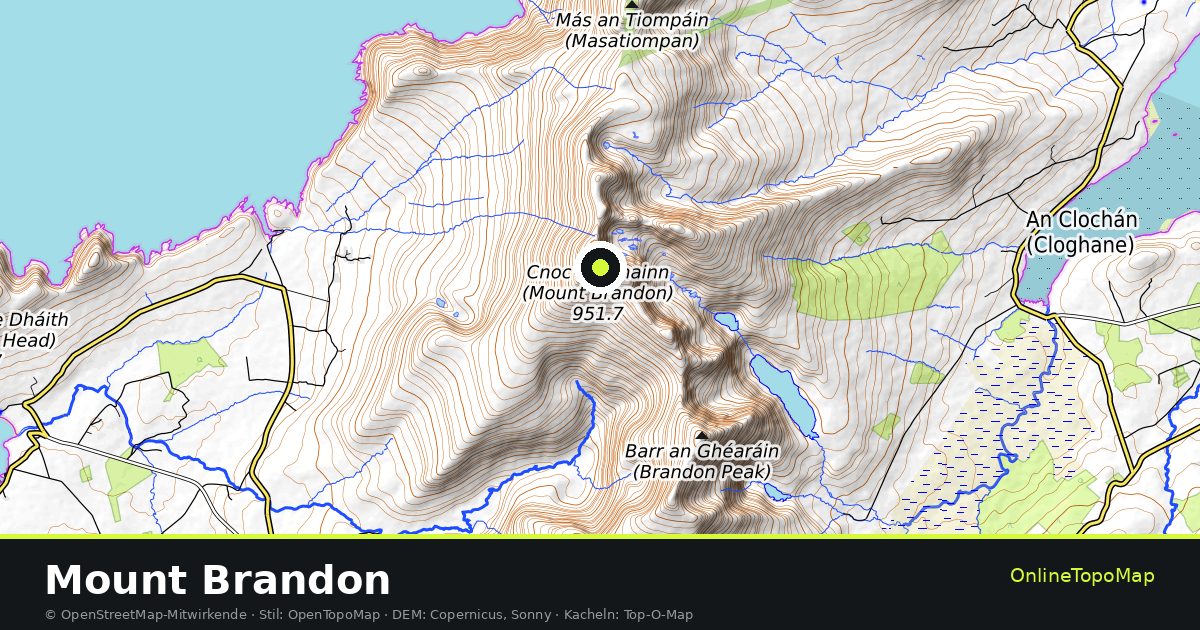 Topographische Karte von Mount Brandon mit Höhenlinien und Geländeschattierung