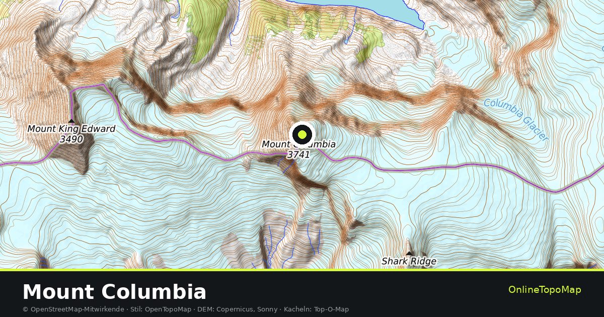 Topographische Karte von Mount Columbia mit Höhenlinien und Geländeschattierung