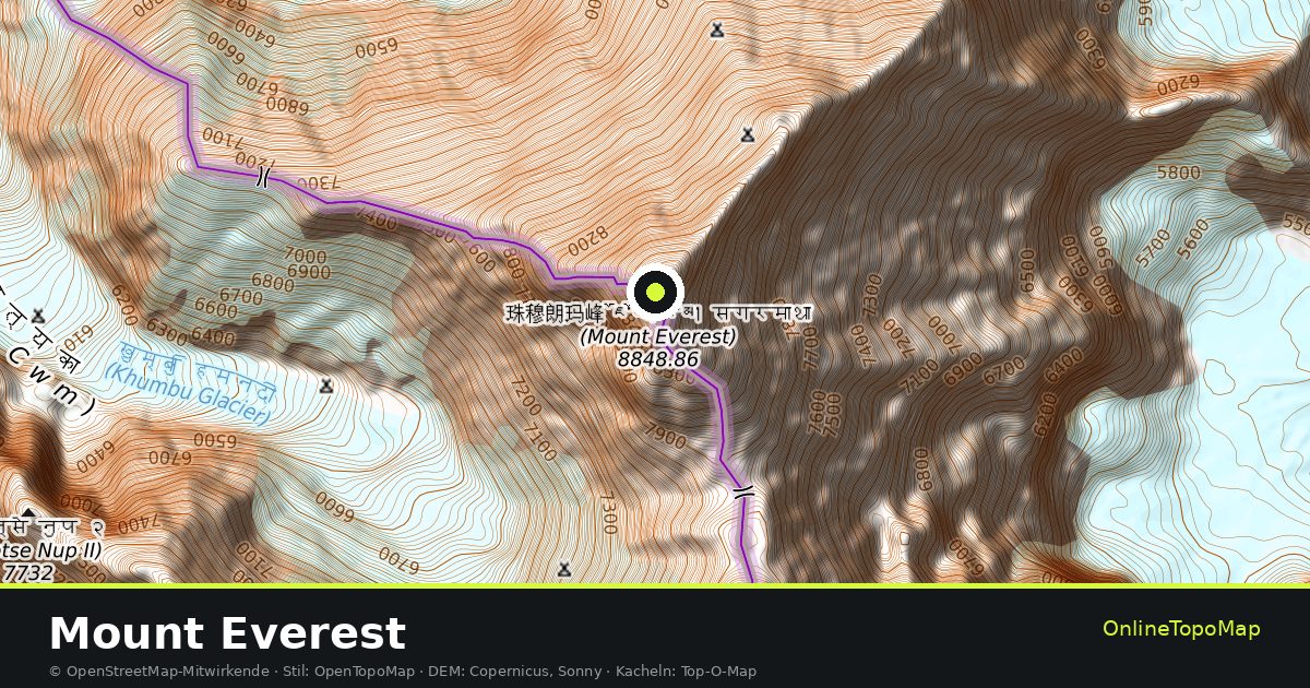 Topographische Karte von Mount Everest mit Höhenlinien und Geländeschattierung