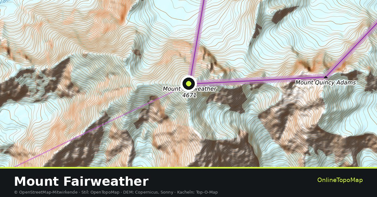 Topographische Karte von Mount Fairweather mit Höhenlinien und Geländeschattierung