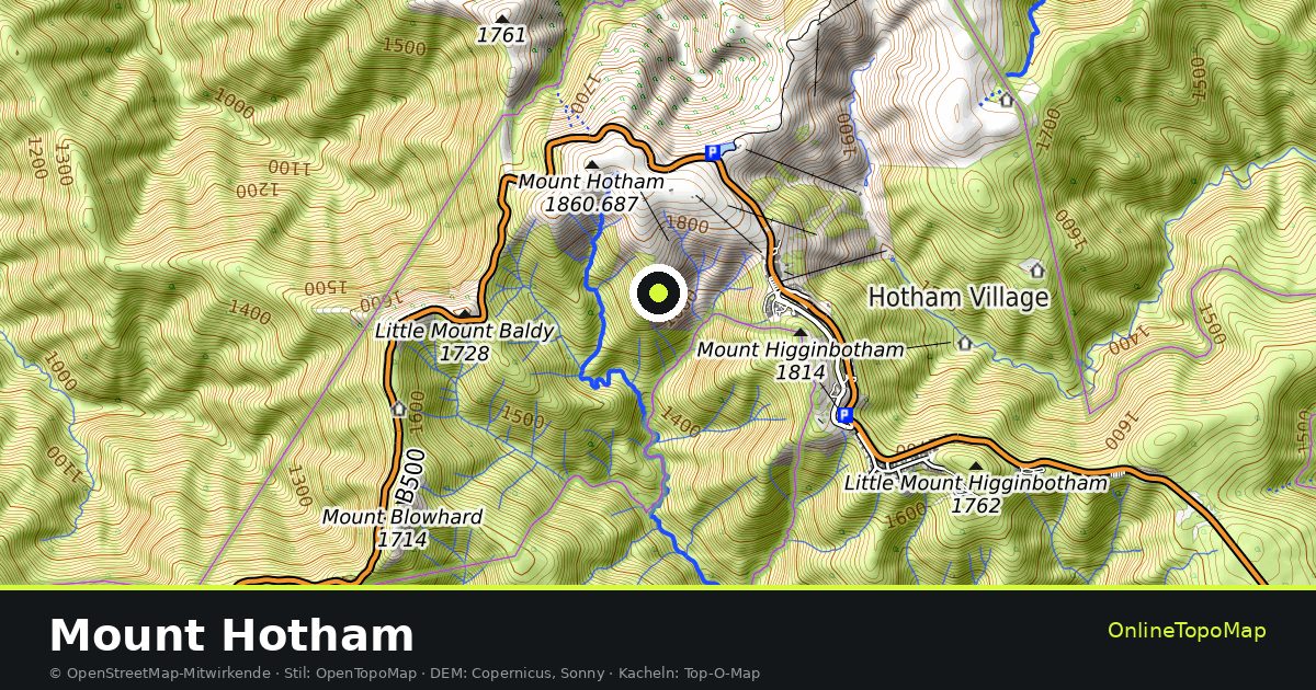 Topographische Karte von Mount Hotham mit Höhenlinien und Geländeschattierung