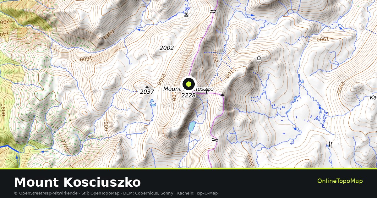 Topographische Karte von Mount Kosciuszko mit Höhenlinien und Geländeschattierung