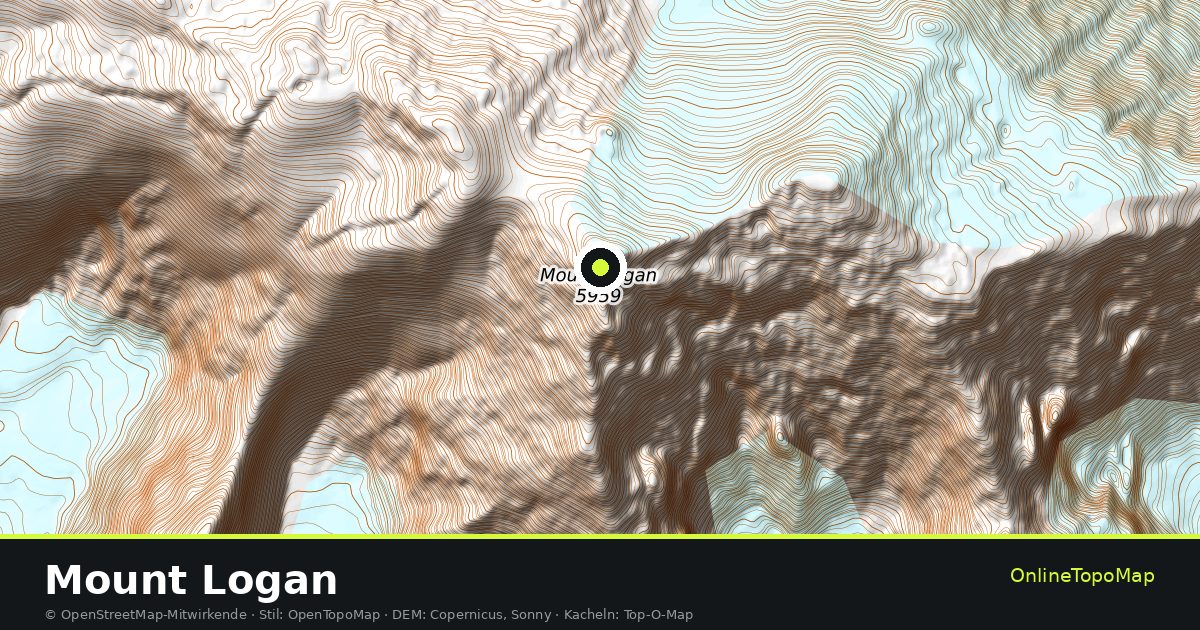 Topographische Karte von Mount Logan mit Höhenlinien und Geländeschattierung