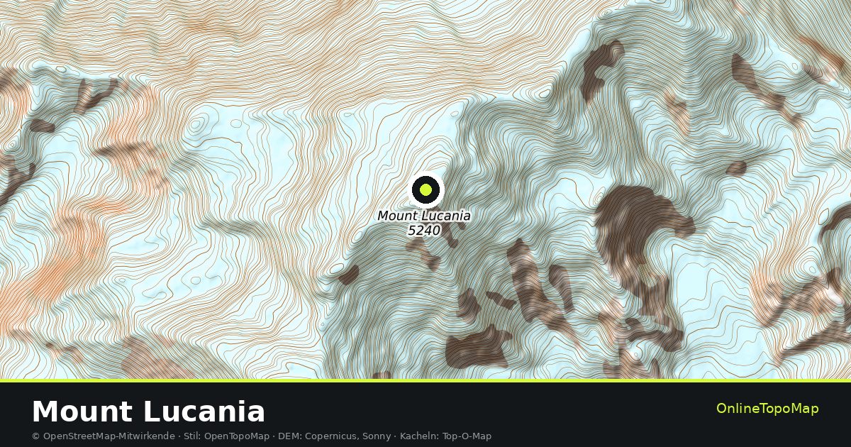 Topographische Karte von Mount Lucania mit Höhenlinien und Geländeschattierung
