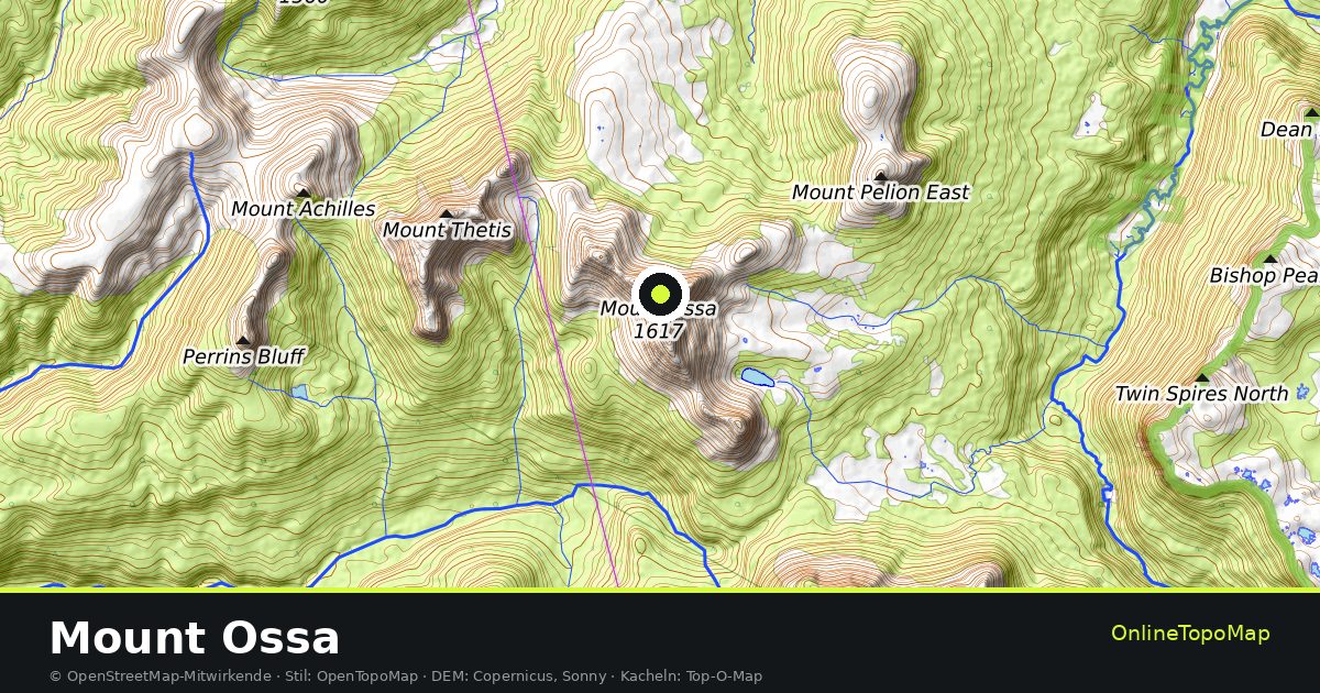 Topographische Karte von Mount Ossa mit Höhenlinien und Geländeschattierung