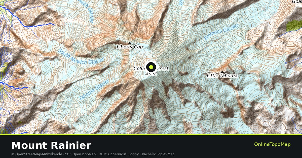 Topographische Karte von Mount Rainier mit Höhenlinien und Geländeschattierung