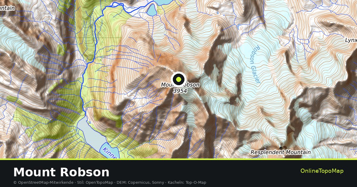 Topographische Karte von Mount Robson mit Höhenlinien und Geländeschattierung