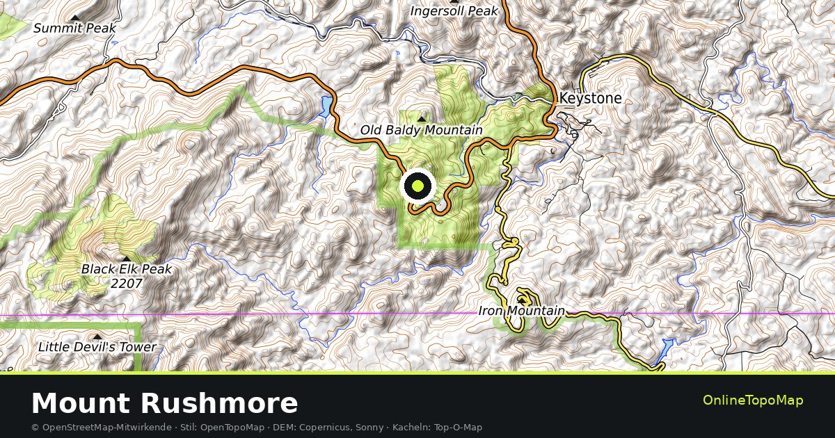 Topographische Karte von Mount Rushmore mit Höhenlinien und Geländeschattierung