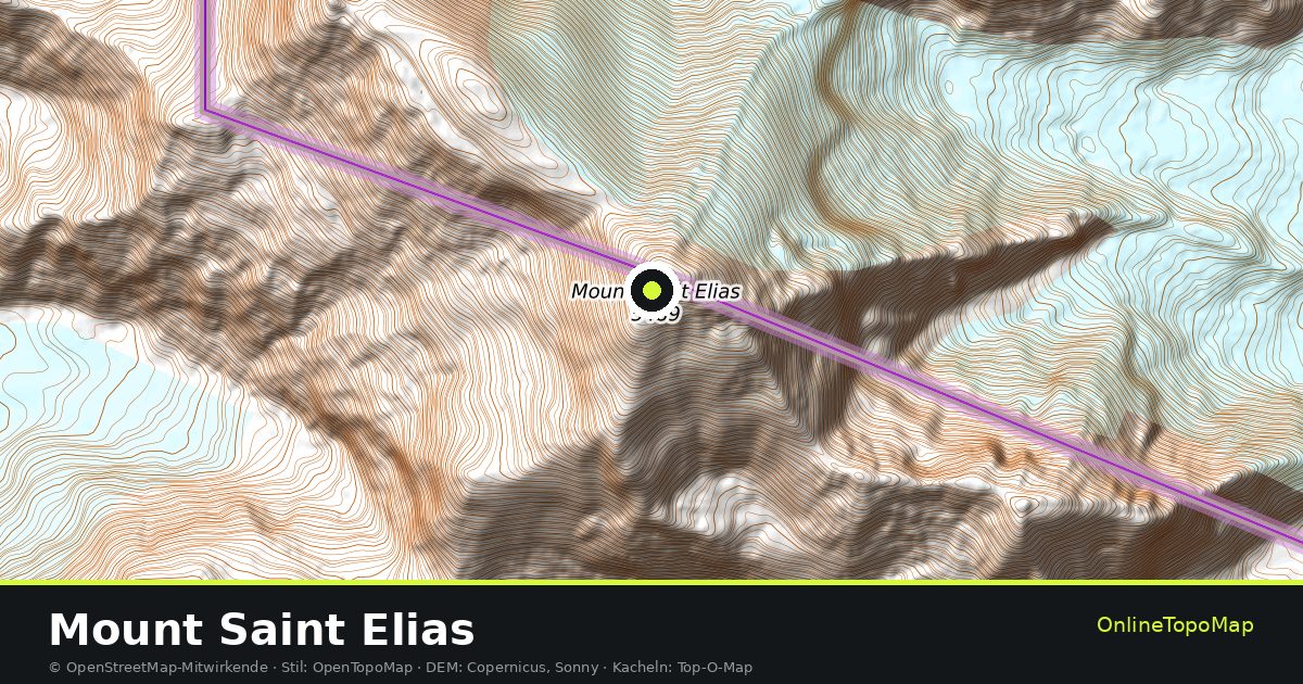 Topographische Karte von Mount Saint Elias mit Höhenlinien und Geländeschattierung