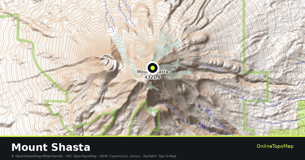 Topographische Karte von Mount Shasta mit Höhenlinien und Geländeschattierung