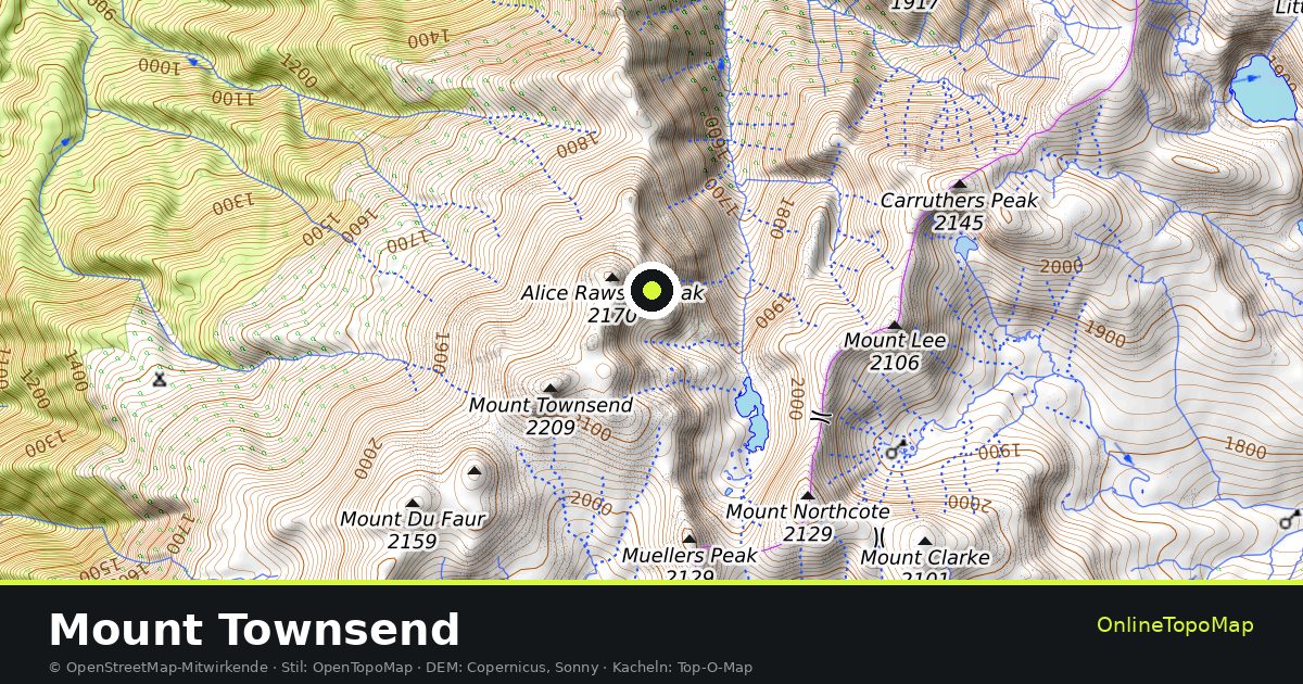 Topographische Karte von Mount Townsend mit Höhenlinien und Geländeschattierung