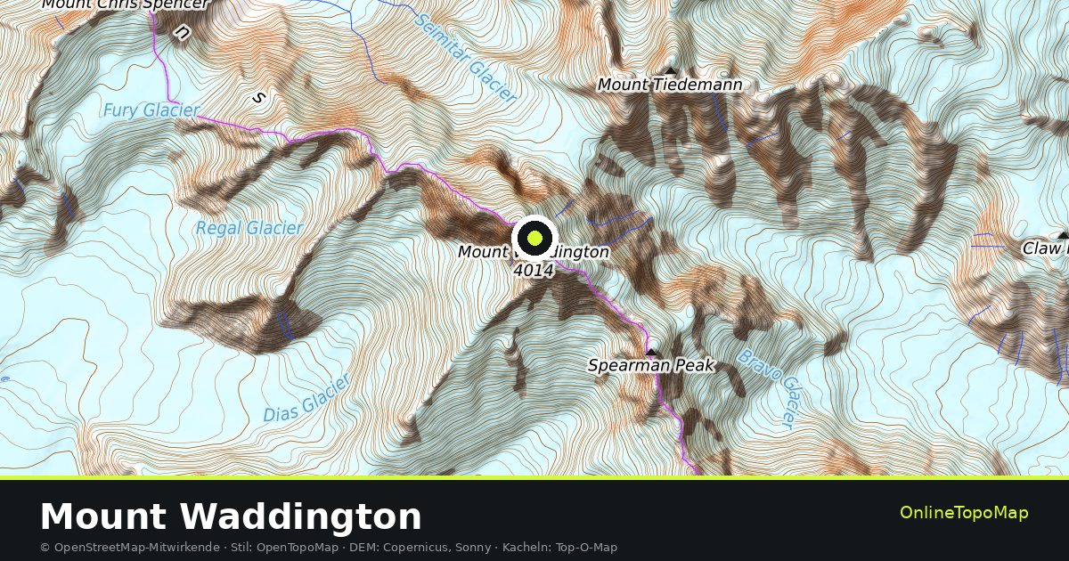Topographische Karte von Mount Waddington mit Höhenlinien und Geländeschattierung