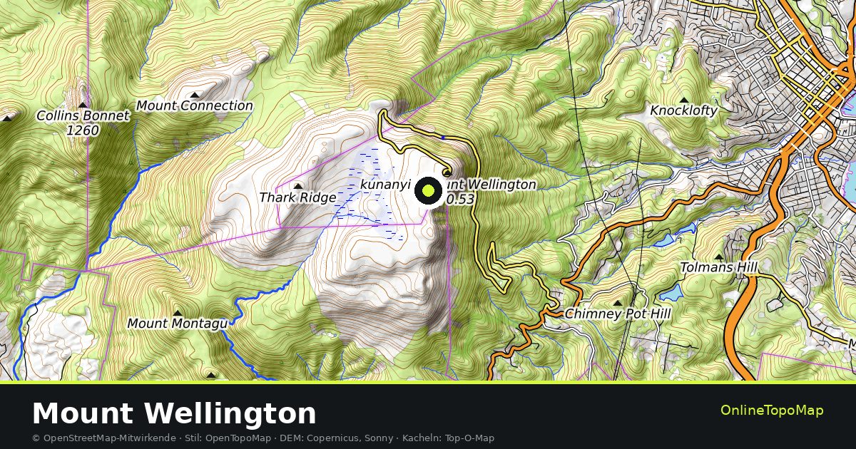 Topographische Karte von Mount Wellington mit Höhenlinien und Geländeschattierung