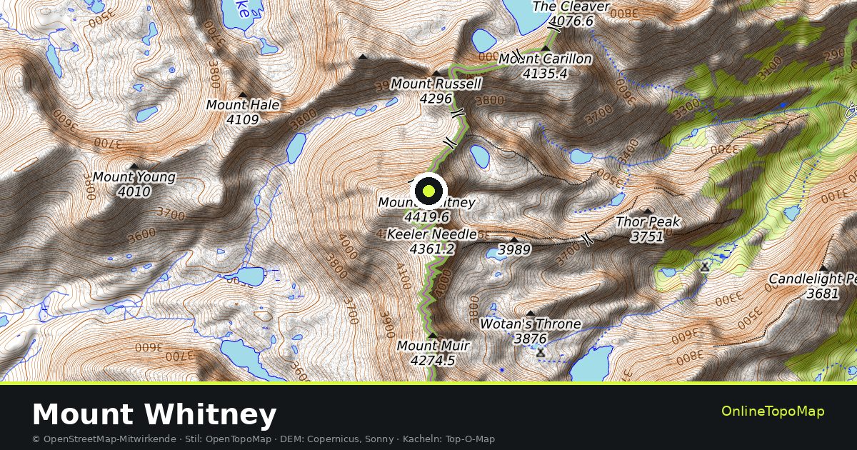 Topographische Karte von Mount Whitney mit Höhenlinien und Geländeschattierung
