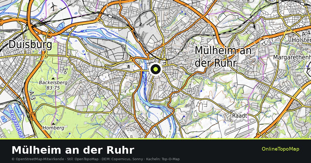 Topographische Karte von Mülheim an der Ruhr mit Höhenlinien und Geländeschattierung