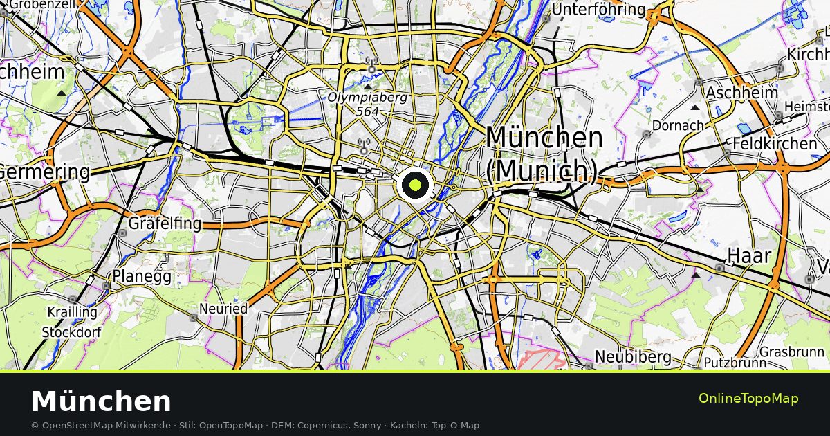 Topographische Karte von München mit Höhenlinien und Geländeschattierung