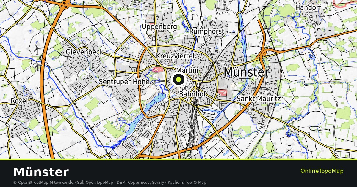 Topographische Karte von Münster mit Höhenlinien und Geländeschattierung