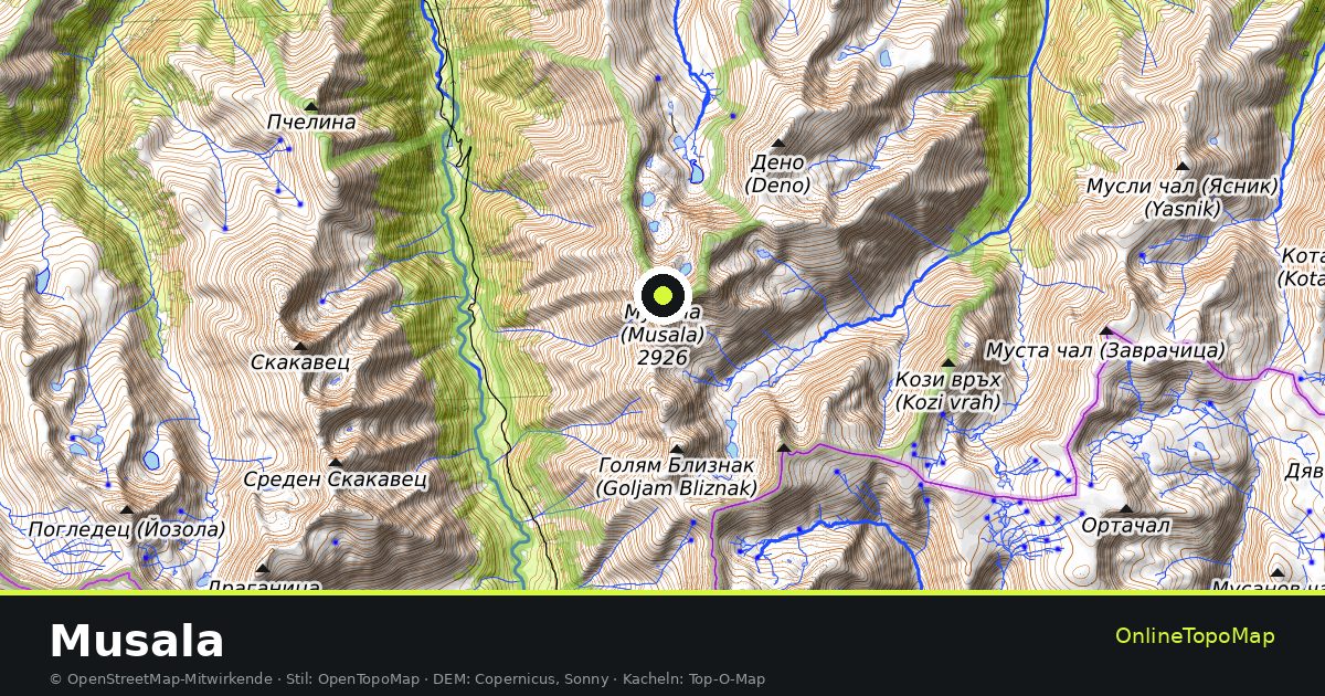 Topographische Karte von Musala mit Höhenlinien und Geländeschattierung