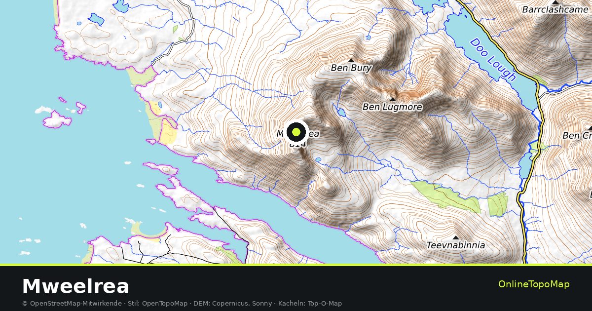 Topographische Karte von Mweelrea mit Höhenlinien und Geländeschattierung