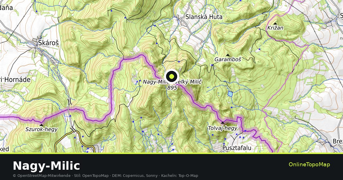 Topographische Karte von Nagy-Milic mit Höhenlinien und Geländeschattierung