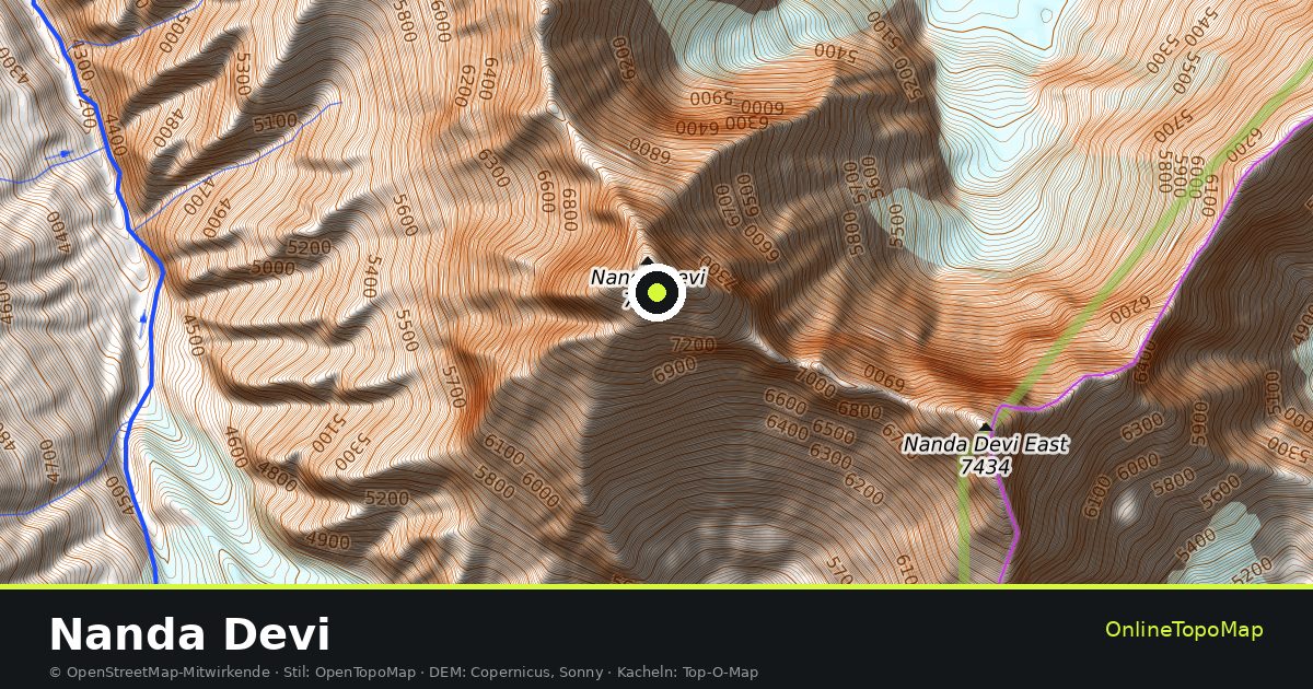 Topographische Karte von Nanda Devi mit Höhenlinien und Geländeschattierung