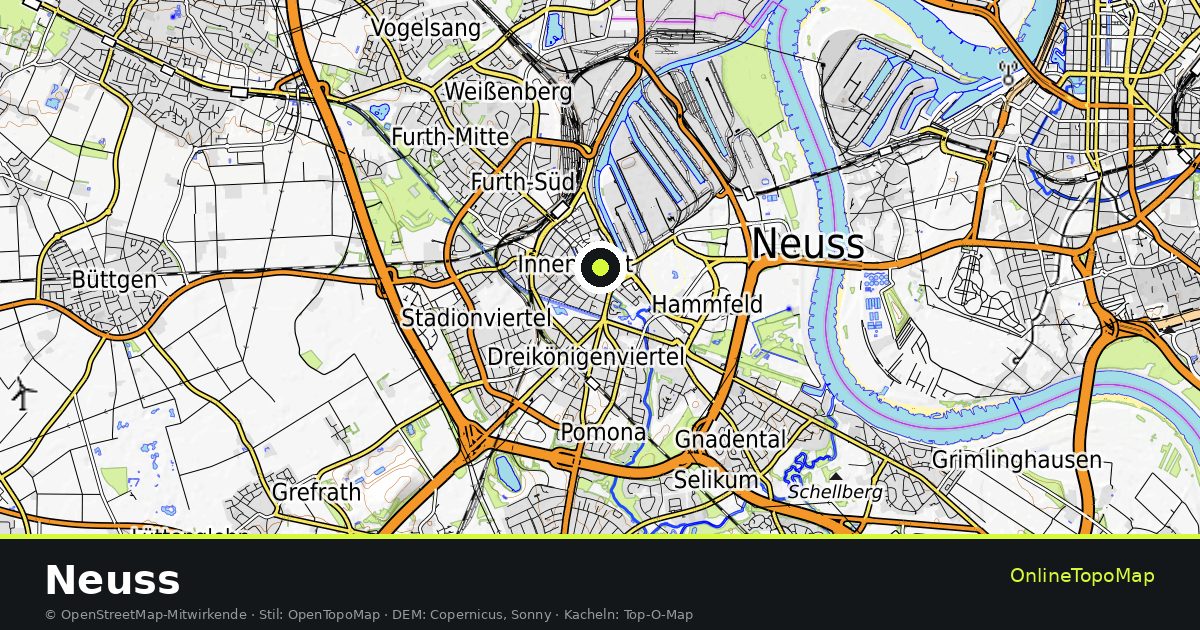 Topographische Karte von Neuss mit Höhenlinien und Geländeschattierung