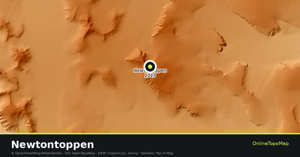 Topographische Karte von Newtontoppen mit Höhenlinien und Geländeschattierung