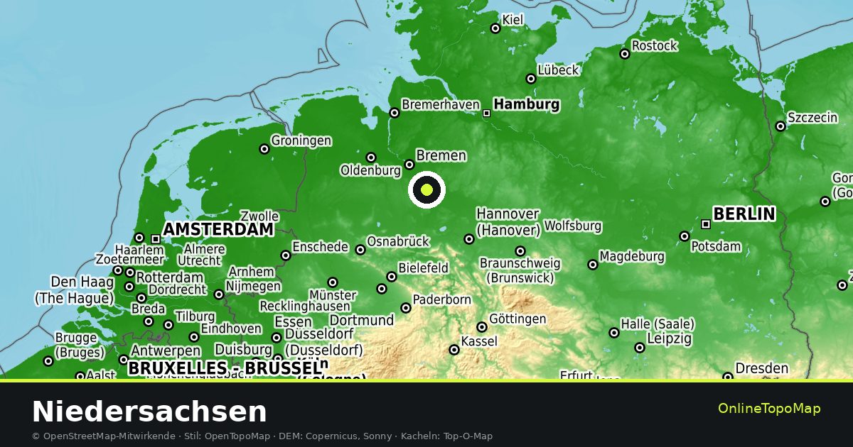 Topographische Karte von Niedersachsen mit Höhenlinien und Geländeschattierung