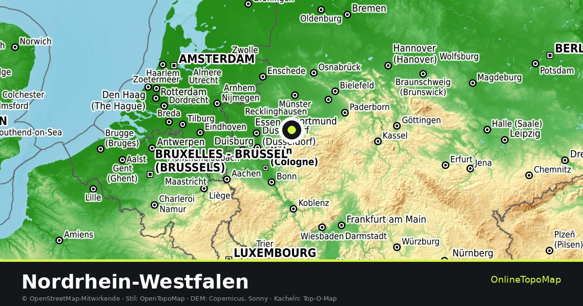 Topographische Karte von Nordrhein-Westfalen mit Höhenlinien und Geländeschattierung
