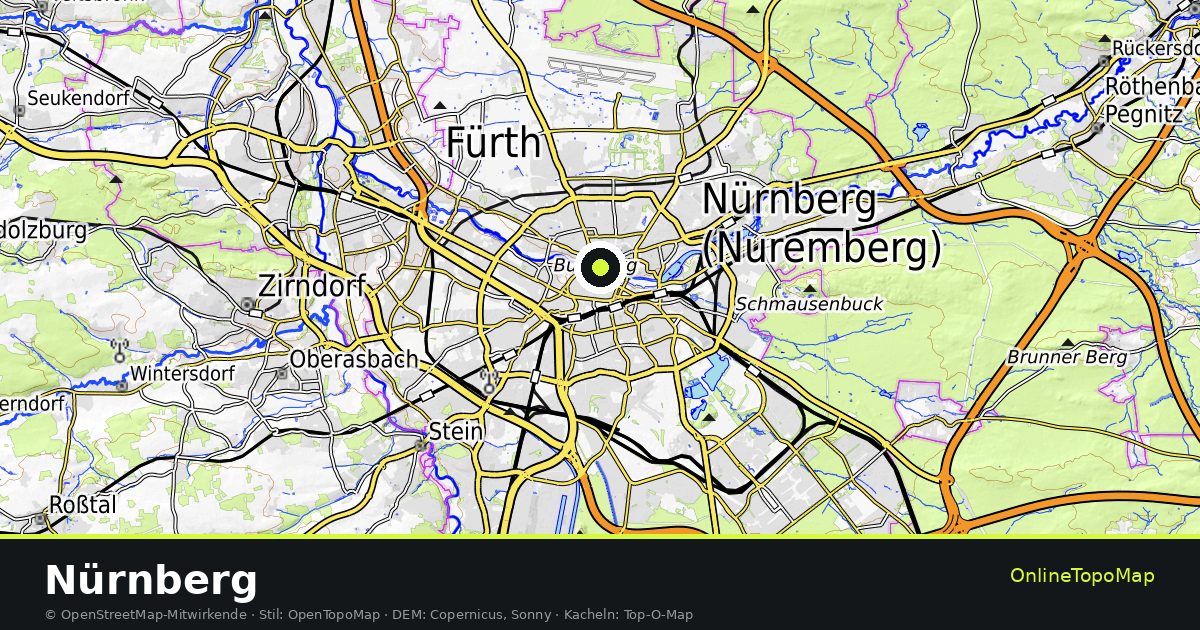 Topographische Karte von Nürnberg mit Höhenlinien und Geländeschattierung