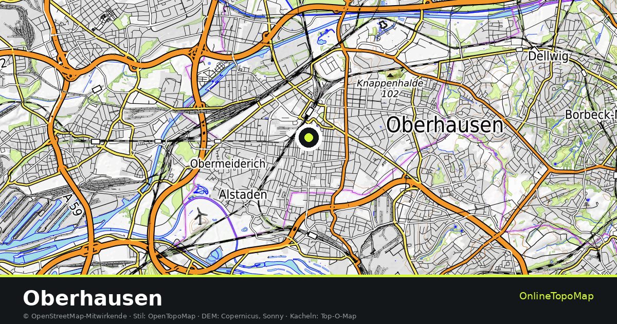 Topographische Karte von Oberhausen mit Höhenlinien und Geländeschattierung