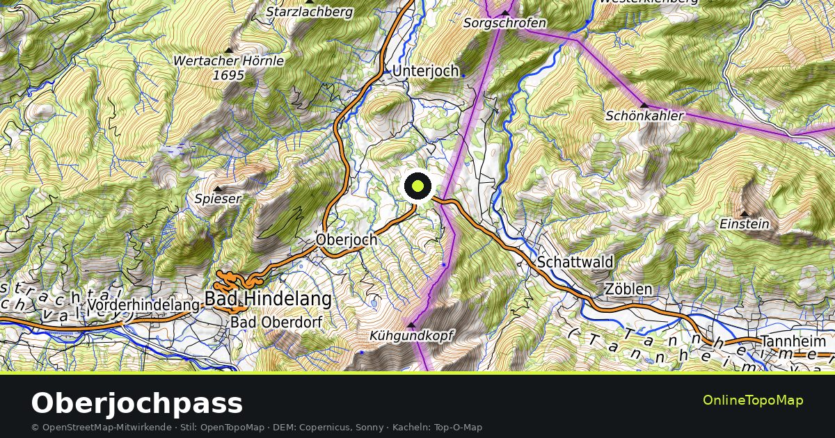 Topographische Karte von Oberjochpass mit Höhenlinien und Geländeschattierung